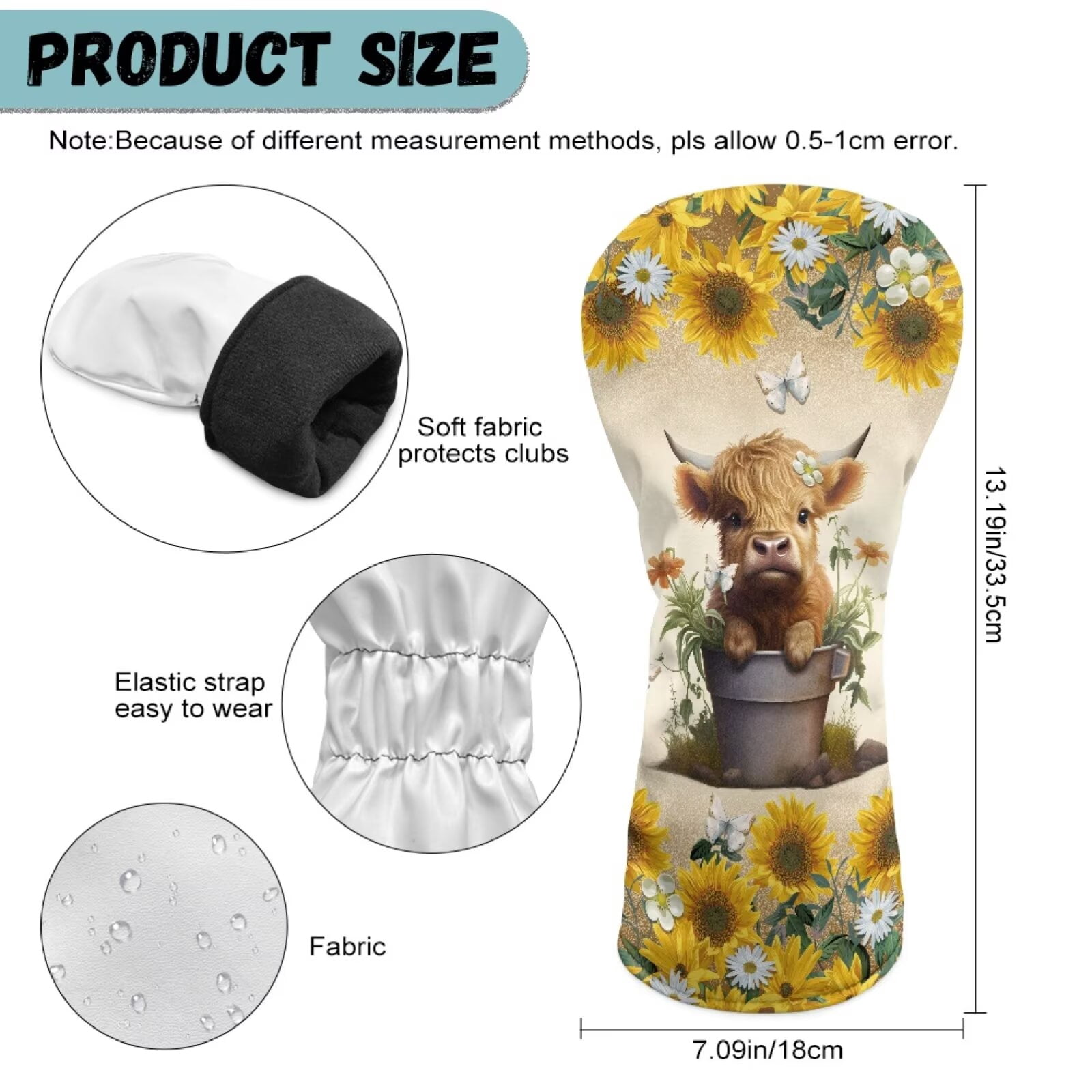 Uorisanigo Golf Club Head Covers - 3pcs Accessories Baby Highland Cow Sunflower Golf Club Headcovers Set for Fairway Woods Driver Hybrids- Waterproof and Durable PU Leather