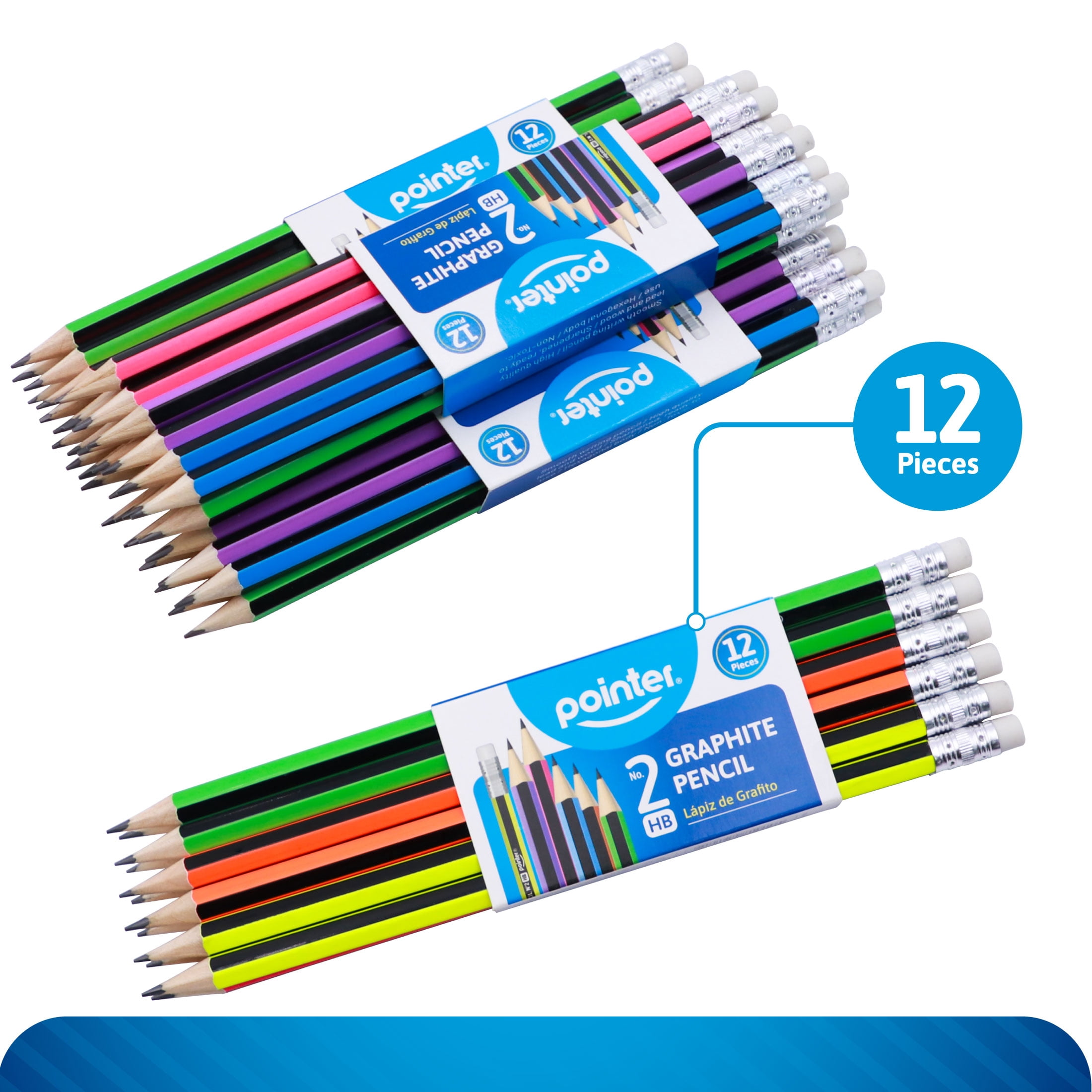 Pointer Colorful Body Graphite Pencils, Soft Eraser, HB, 12 Count, 12 pack