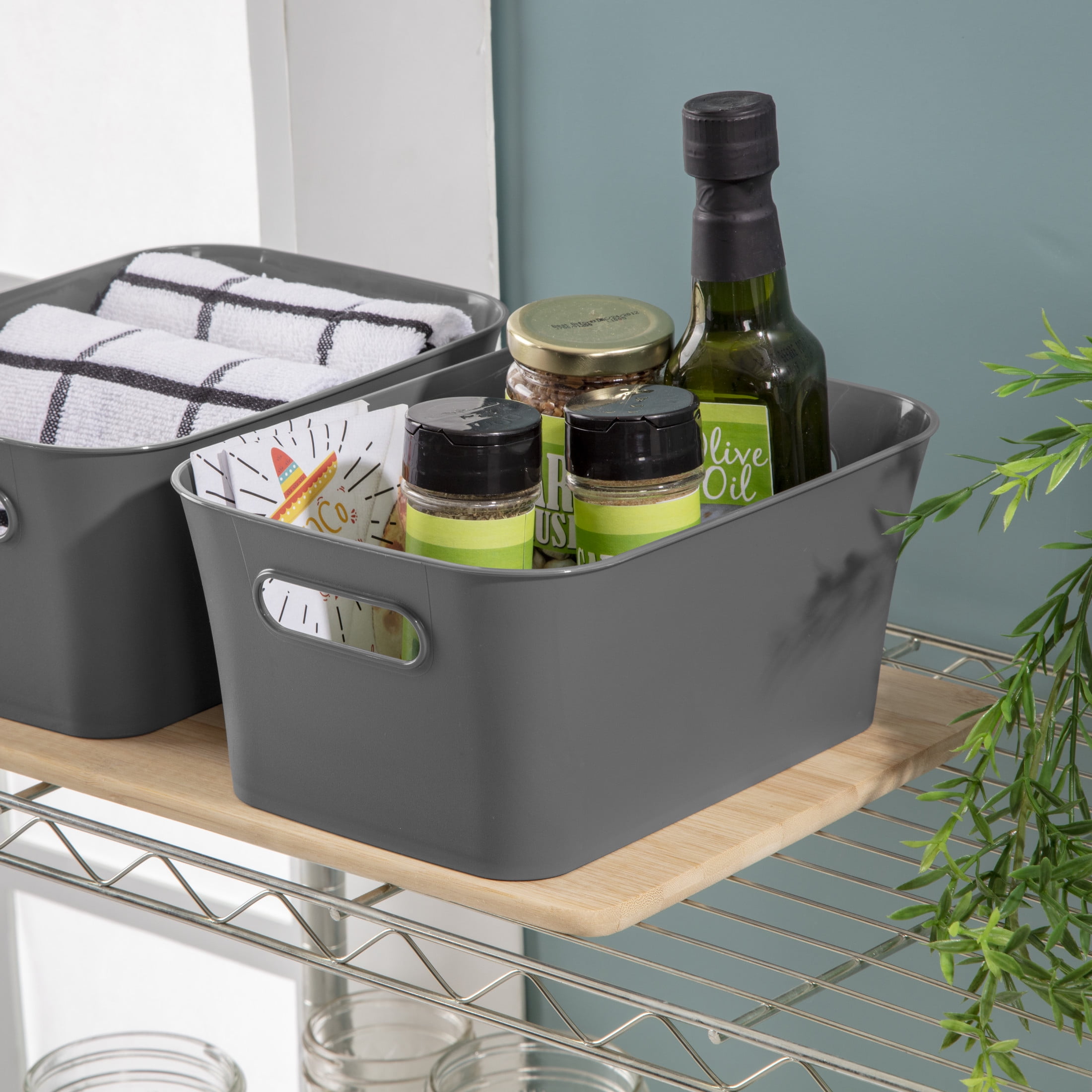 Mainstays Set of (2) Small Bins, Open Plastic Storage Containers, Versatile Stylish Organizers, Gray, 6 Pack