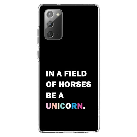 DistinctInk Clear Shockproof Hybrid Case for Samsung Galaxy Note 20 (6.7" Screen) - TPU Bumper, Acrylic Back, Tempered Glass Screen Protector - In a Field of Horses, Be a Unicorn - Rainbow