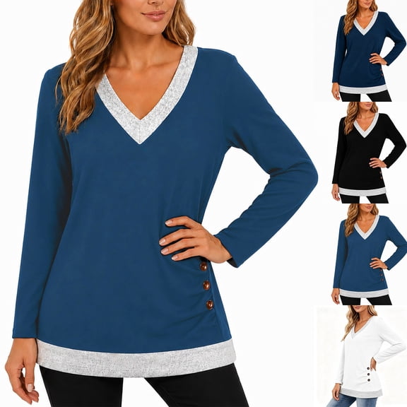 Lutiedan Long Sleeve Shirts for Women Fall V Neck Color Block Tops Dressy Casual Side Button Ruched Blouses S-XXL