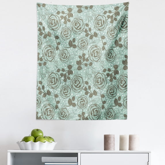 Floral Tapestry, Romantic Season Inspirations with Roses Birds on Tree Branches Summer Design, Fabric Wall Hanging Decor for Bedroom Living Room Dorm, 5 Sizes, Seafoam Sage Green, by Ambesonne