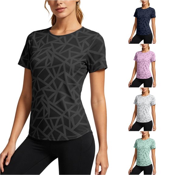 Trendfront Womens Geometric Pattern T Shirts Crew Neck Short Sleeve All Over Abstract Print Athletic Performance Gym Workout Activewear Top