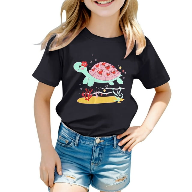 T-shirts pour Filles, Imprimé Graphique Océan Mignon, Manches Courtes, Hauts Amples, Noir 8-9 Ans