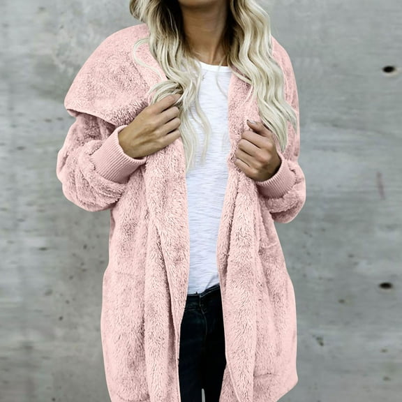 UQJfacai Women Hooded Cardigan Long Fuzzy Sherpa Fleece Jacket Fall Winter Oversized Casual Open Front Coat Outerwear with Pockets