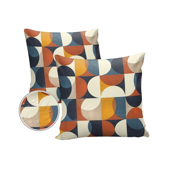 Pack of 2 Outdoor Pillow Covers, Retro Middle Ages Abstract Geometic Orange Blue Pattern Waterproof Square Throw Pillowcase Cushion Decorative Pillow Covers for Couch Patio Tent, 16x16 in