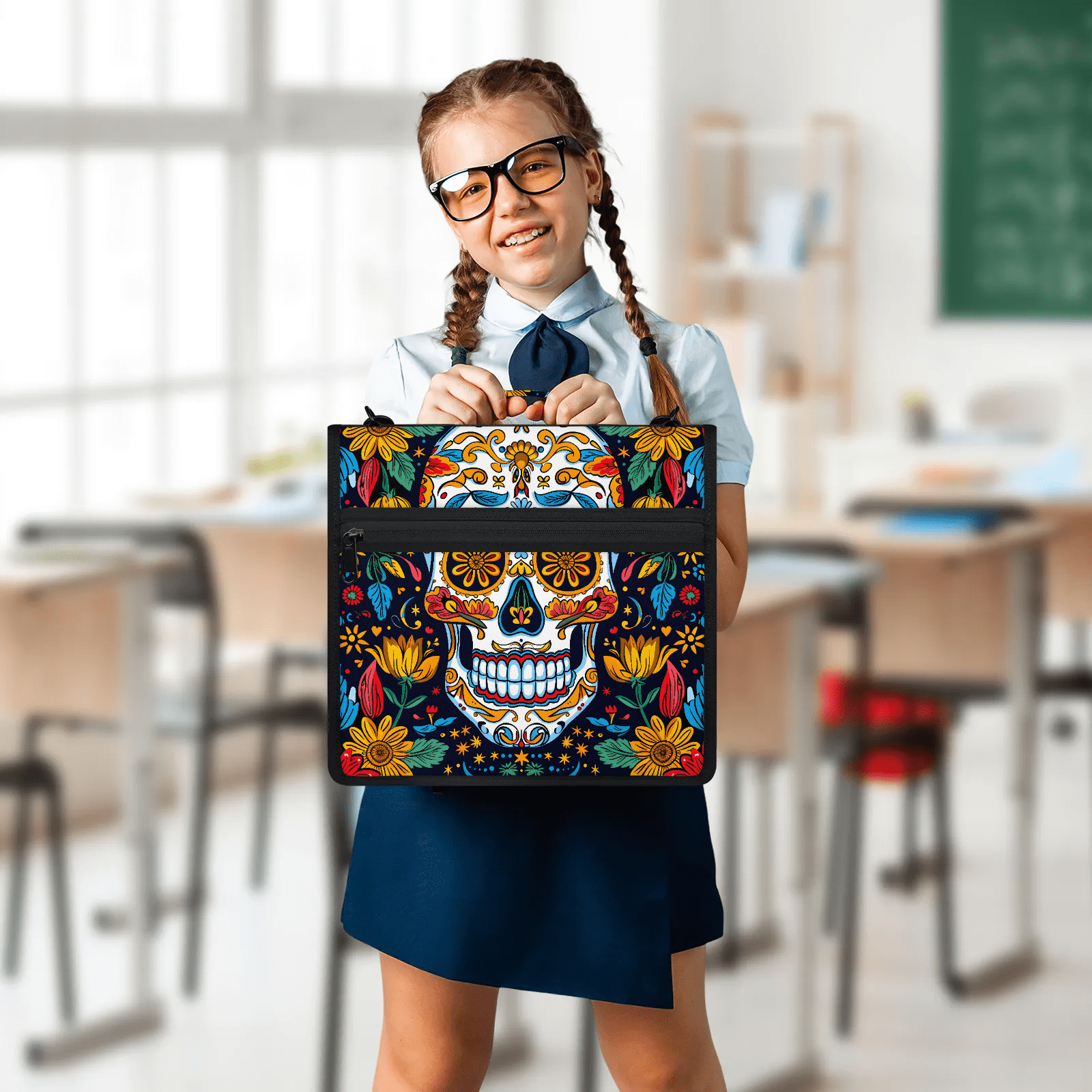 Herdesigns Sugar Skull Gothic Halloween Zipper Binder with Shoulder Strap, Waterproof 1.5 Inch 3 D-Ring Binder Organizer Bag, Fits 13 Inch Laptop for Work,