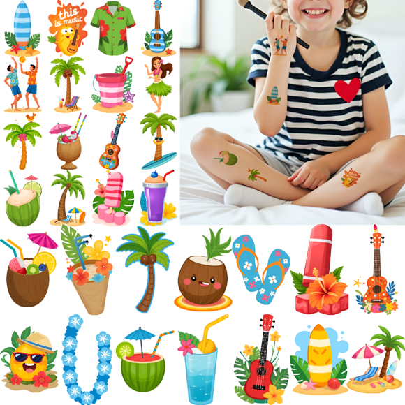54 Temporary Tattoos Waterproof Long Lasting Body Stickers Hawaiian Beach Palm Tree Ice Cream Swim Ring Kids Boys Girls Tattoo Stickers Arm Arms Shoulder Cheeks