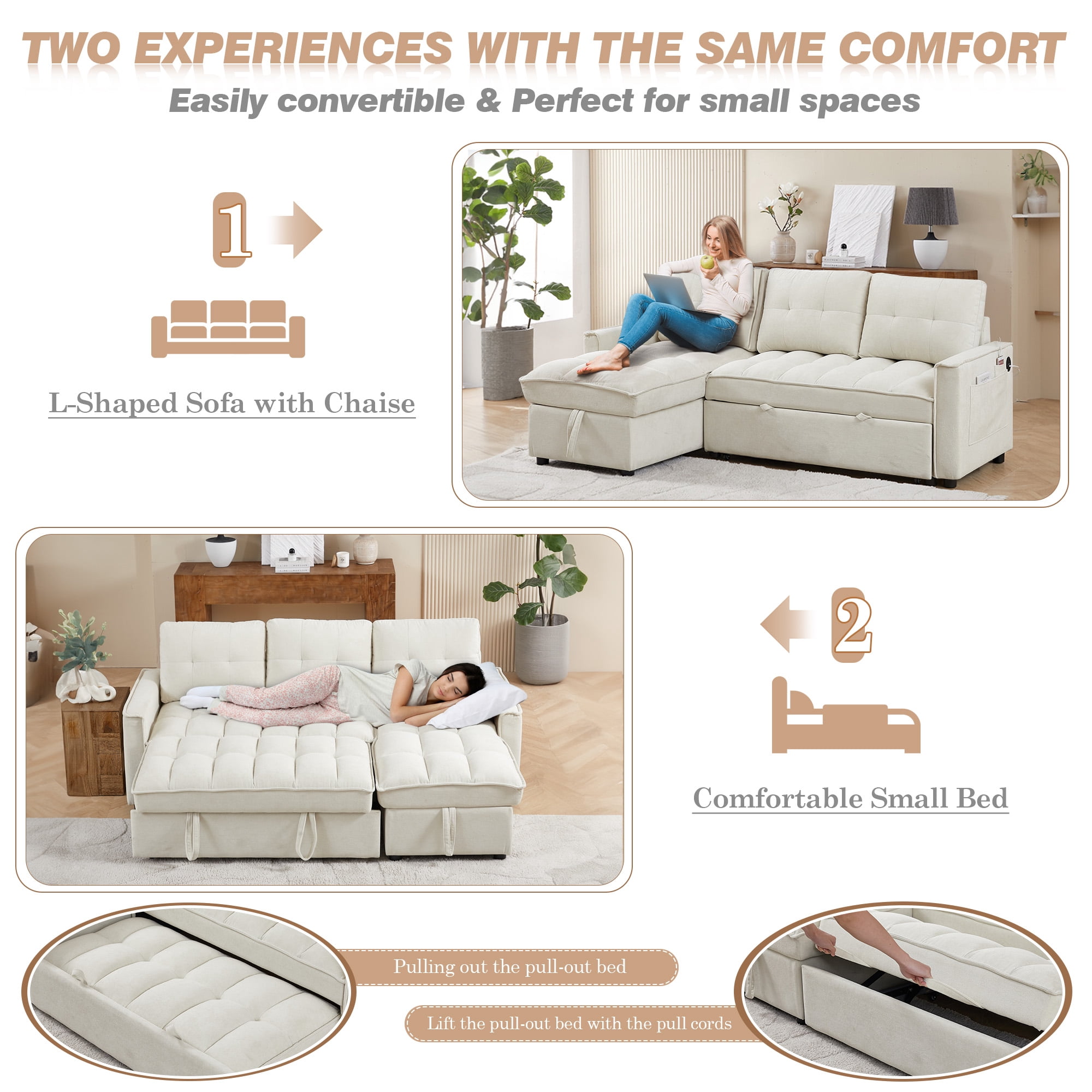 Lunale Convertible Sofa Bed with Reversible Storage Chaise, Sleeper Sectional Sofa with USB Charging Ports, L-Shaped Sectional Sofa for Apartment, Beige Chenille