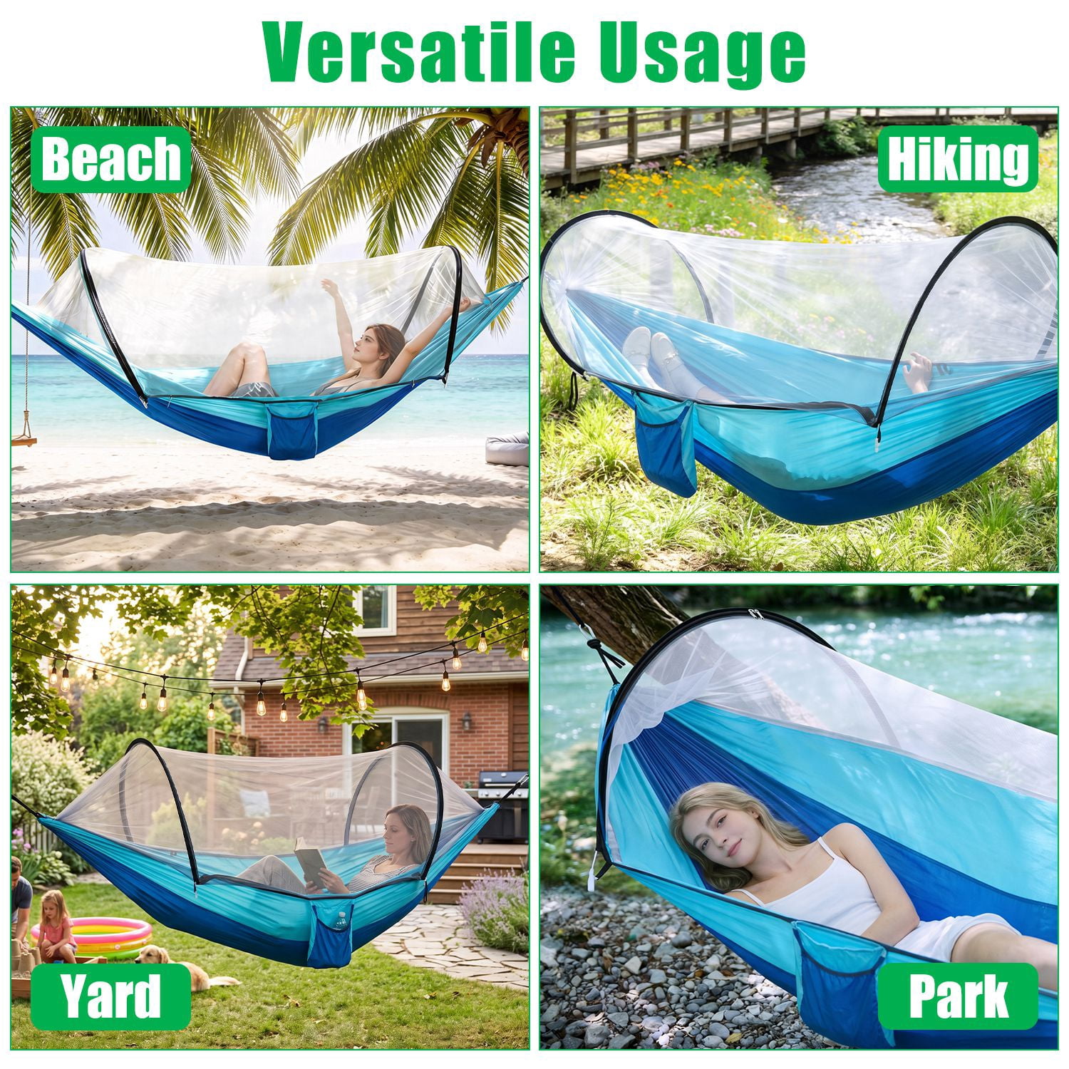 Lightweight Camping Hammock with Pop-Up Mosquito Net, 3-in-1 Portable Hammock Tent with Dual Zippers Side Pocket, 440lbs Load Capacity 70D Nylon for Outdoor Hiking Backpacking