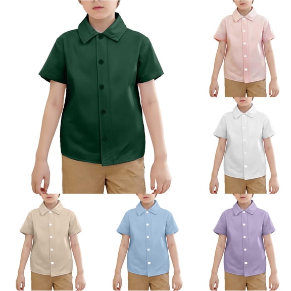 Ticikt Lapel Short Sleeve Open Front Shirt, Solid Color Casual Top for Boys Summer Beach & School Wear,Green