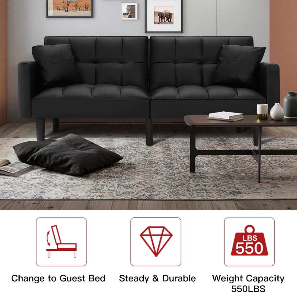 AVAWING Modern Upholstered Sofa Bed, Convertible Sectional Sofa, Upholstered Futon Faux Leather Couch w/ 2 Pillows, Apartment, Black