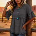 thumbnail image 5 of Linen Shirts for Women Summer Gauze Shirts 3/4 Length Sleeve Frayed Crew Neck Henley Shirt Boho Tunic Blouse Gray 3XL, 5 of 6