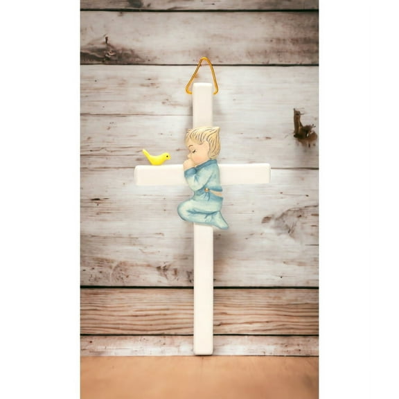 Ceramic Praying Boy with Bird Cross 6in Religious Nursery Gift