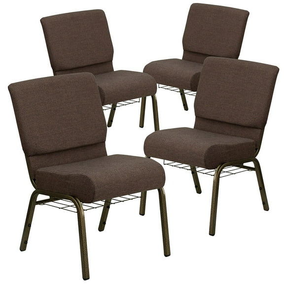 Flash Furniture 4 Pack 21''W Church Chair in Brown Fabric with Cup Book Rack - Gold Vein Frame