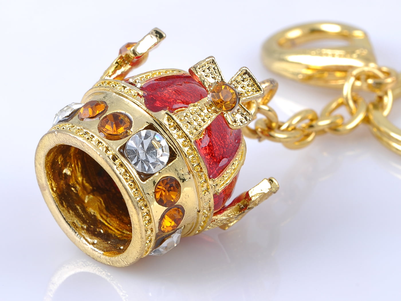 Aged Gold Tone Ruby Red Drawn Crystal Monarh Royal King Crown Hook Keychain 
