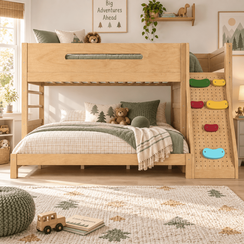 Twin/Twin XL Over Full Bunk Bed with Built-in Wardrobe, Storage Shelves, Rock Climbing Wall, Solid Wood Bunk Bed Fram with Full-Length Guardrails, No Box Spring Needed