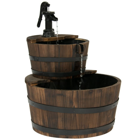 Best Choice Products Outdoor Garden Decor 2-Tier Wood Barrel Water Fountain W/ Pump,