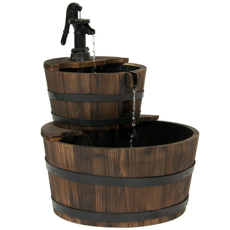 Garden Wall Water Fountain - Best Choice Products Outdoor Garden Decor 2-Tier Wood Barrel Water Fountain W/ Pump, Brown