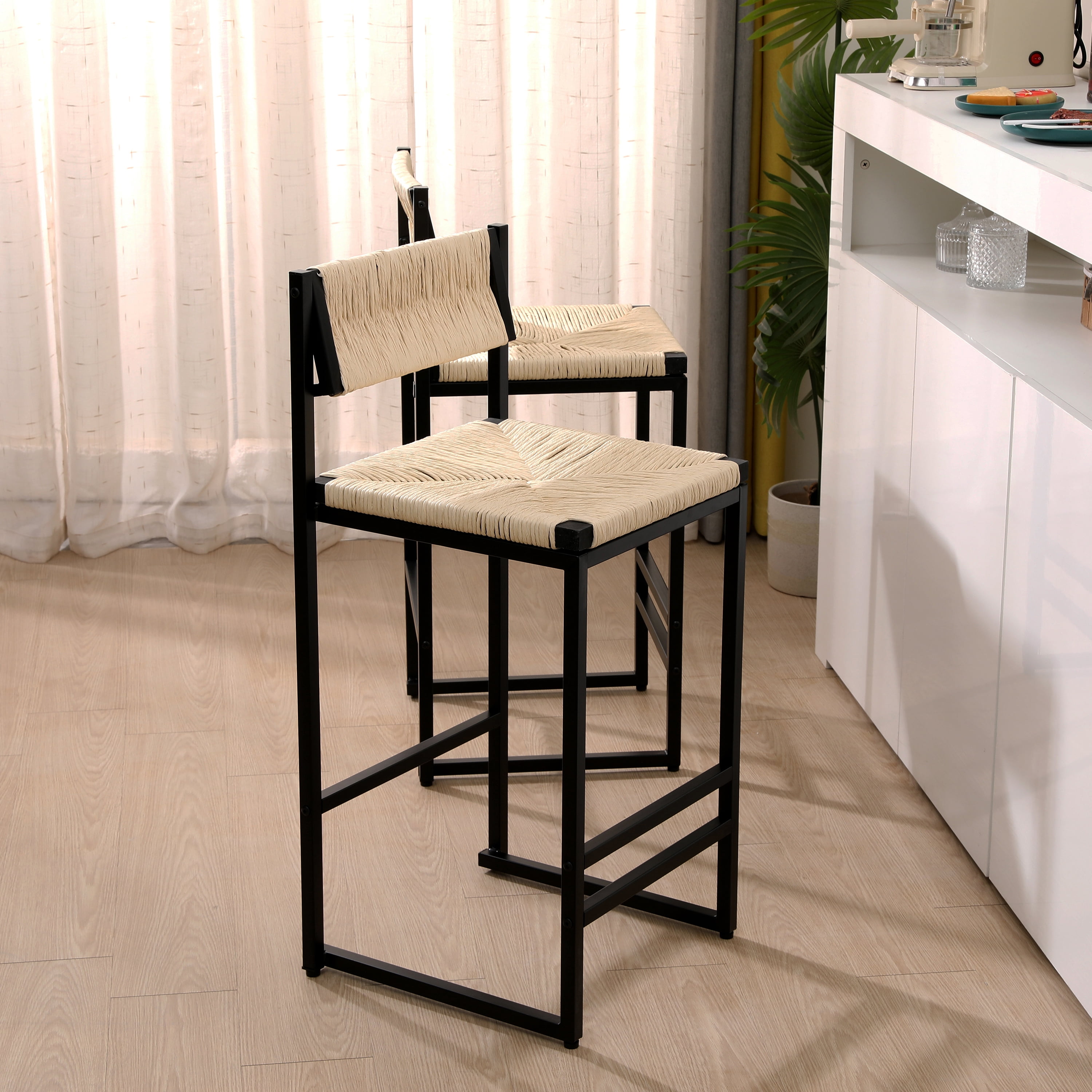Set of 2 Creamy White Paper Rope Woven Bar Stools, Hand Weave Counter Stools with Backrest & Footrest, Metal Frame Stools for Kitchen Island Dining Room