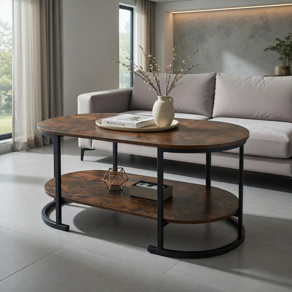 Resenkos 2-Tier Oval Wood Coffee Table with Large Top and Open Shelf, Rustic Brown