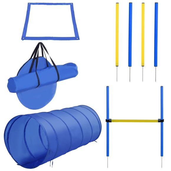 Blue Dog Agility Starter Kit - Outdoor Training Set with Tunnel, Weave Poles & Jump – Portable Pet Exercise Equipment for Backyard Fun
