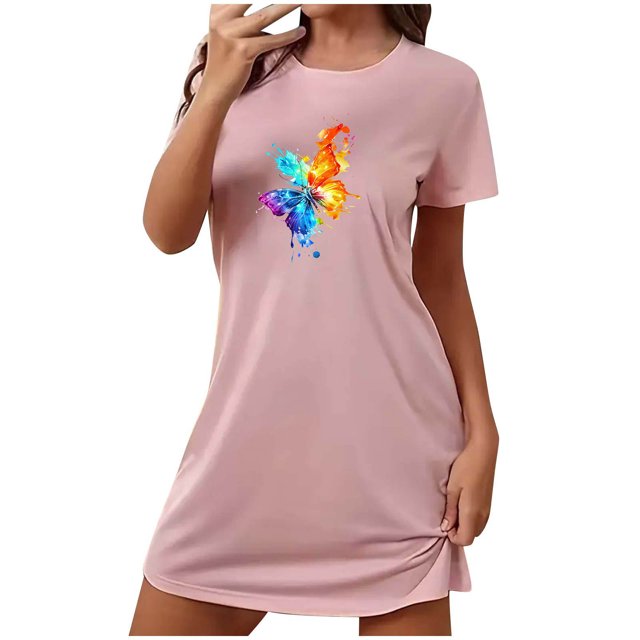Mrat Jupe de Pyjama en Satin pour Femme Robe pour Femme Vêtement de Nuit Manches Courtes Chemise de Nuit Décontractée Imprimée Robe de Sommeil Ample Confortable Nuisette S-97 Rose-A m