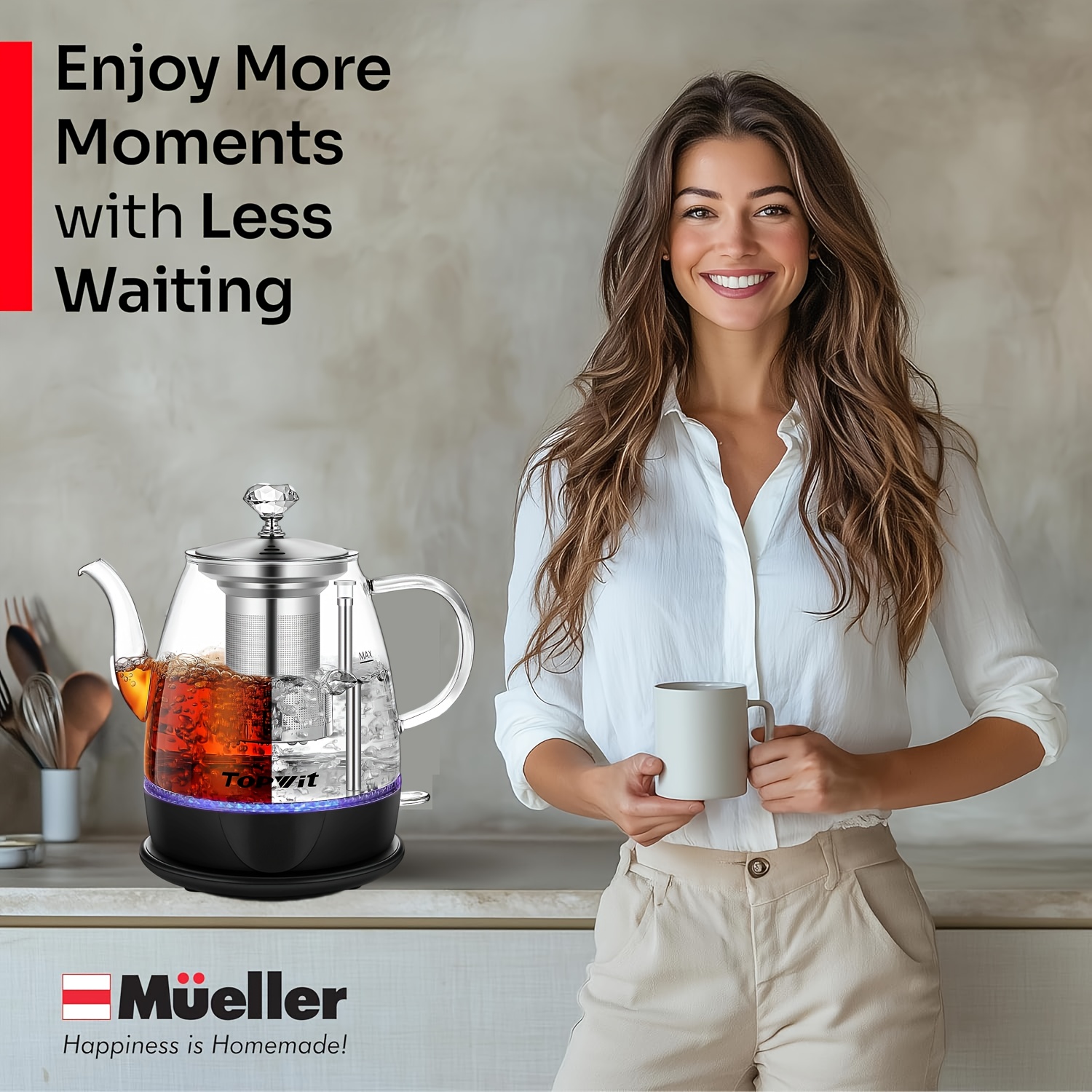 Glass Electric Kettle with Stainless Steel Infuser, 1L BPA-Free, Auto Shut-Off & Boil-Dry Protection, for Tea & Coffee