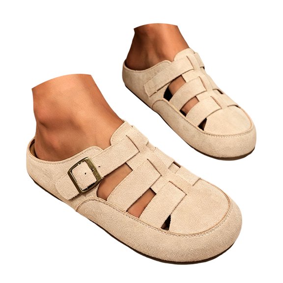 Rokment Womens Closed Toe Gladiator Clogs Suede Buckles Comfortable Backless Slip on Walking Flat Sandals for Boho Beach Summer 2026 Beige Size 6