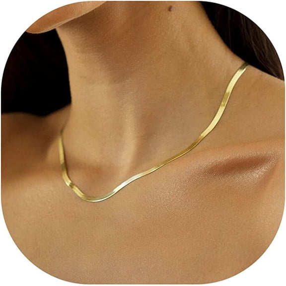 JamY Home 14K Gold Plated Necklaces for Women, Dainty Gold Herringbone Choker Necklace Thin Layered Snake Chain Jewelry for Gifts 3MM 16"-GD Herringbone Neckla 3MM 16"-GD Herringbone Neckl