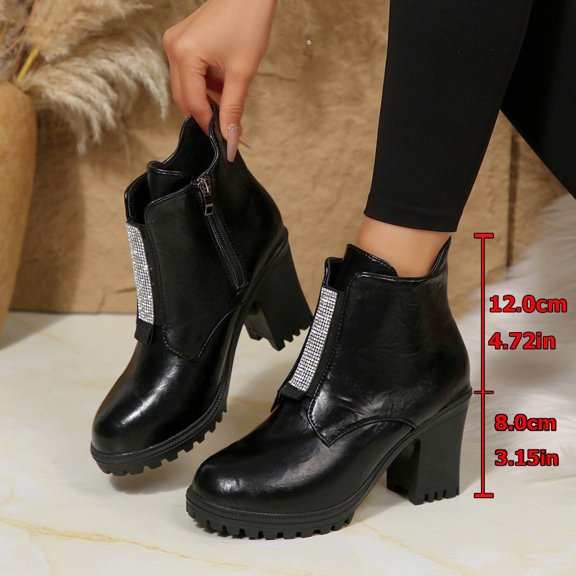 Ankle Boots for Women Matte Side Zip Round Toe Chunky High Heel Casual British Style Boots Black 7.5