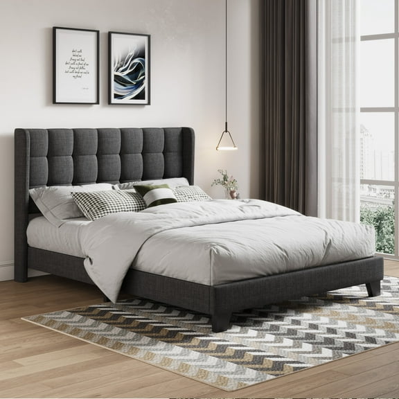 Amolife Queen Size Platform Bed with Wingback Headboard, Square Stitched Style, Dark Grey