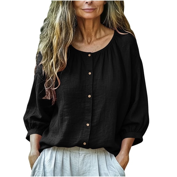 MaFYtyTPR Women's Linen Shirts 3/4 Sleeve Tops for Women Summer Casual Loose Fitting Scoop Neck Button Lightweight Pullover Blouse A-Black XXL
