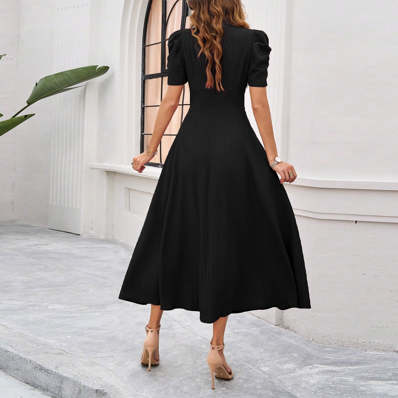 Women's Short Sleeve Dress High Waist V Neck Puff Sleeve Dresses Wedding Guest Formal Evening Party Maxi Dress Woman Dresses Casual Long Sleeve Dresses Casual for Women Petite Dresses for Women Summer