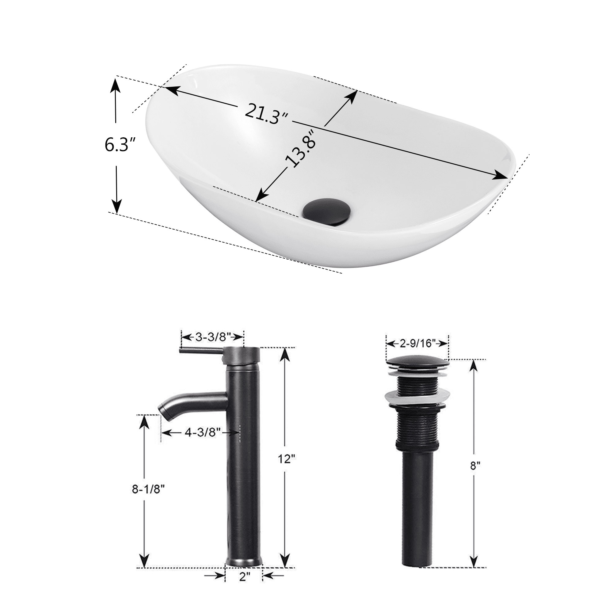 Eclife 21-inch Ceramic Vessel Sink Bathroom Above Counter Basin with Chrome Faucet and Pop-Up Drain, White