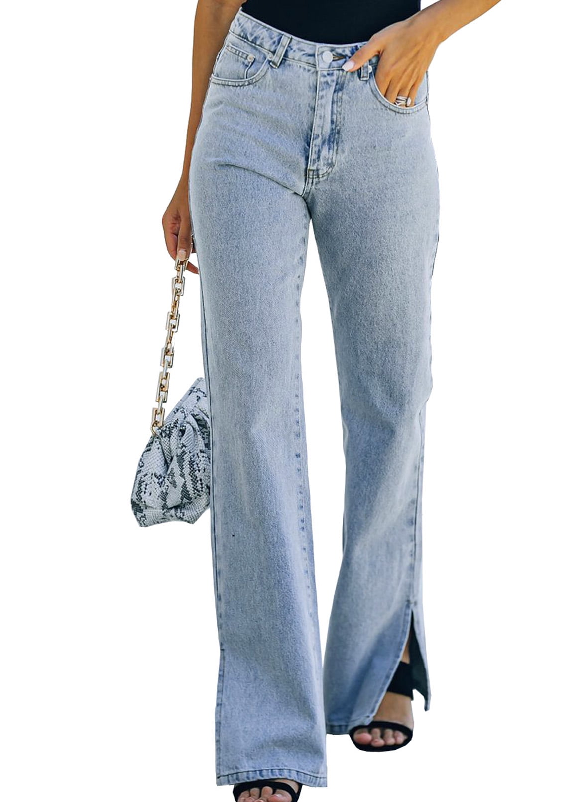 HOTAPEI Wide Leg Jeans for Women High Waist Slit Hem Distressed Jeans