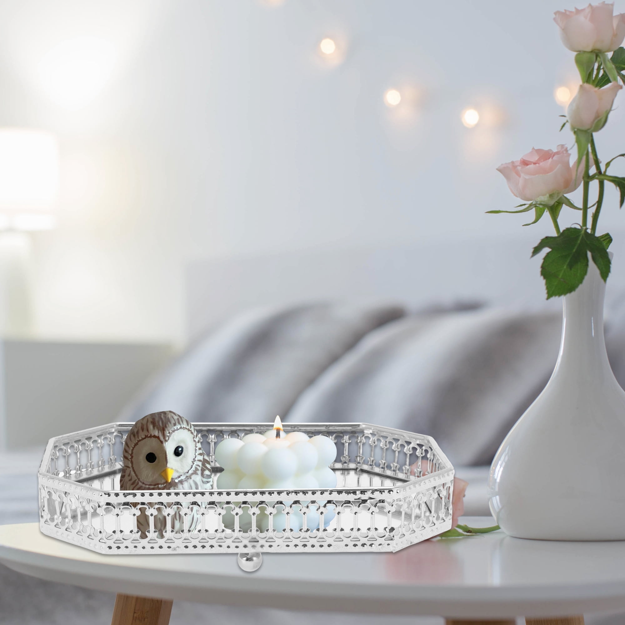 Unique Bargains Mirror Tray Rectangular Metal Perfume Glass Candle Serving Tray Silver