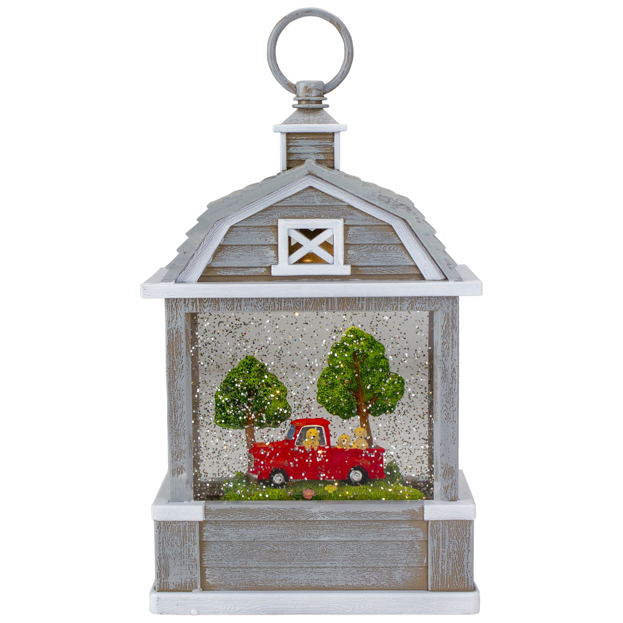 12.75" Lighted Gray Barn Snow Globe with Red Truck and Dogs