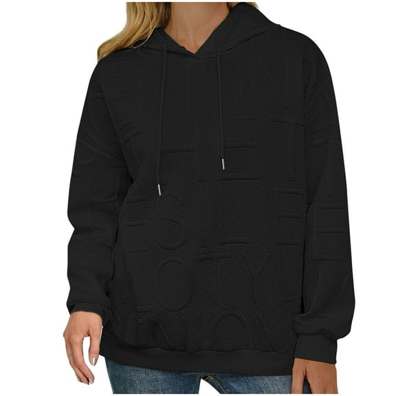 UPPADA Plus Size Hoodie for Women Casual Letter Sweatshirts Oversized Hooded Long Sleeve Pullover Tops Fall Clothes Drawstring Black,L