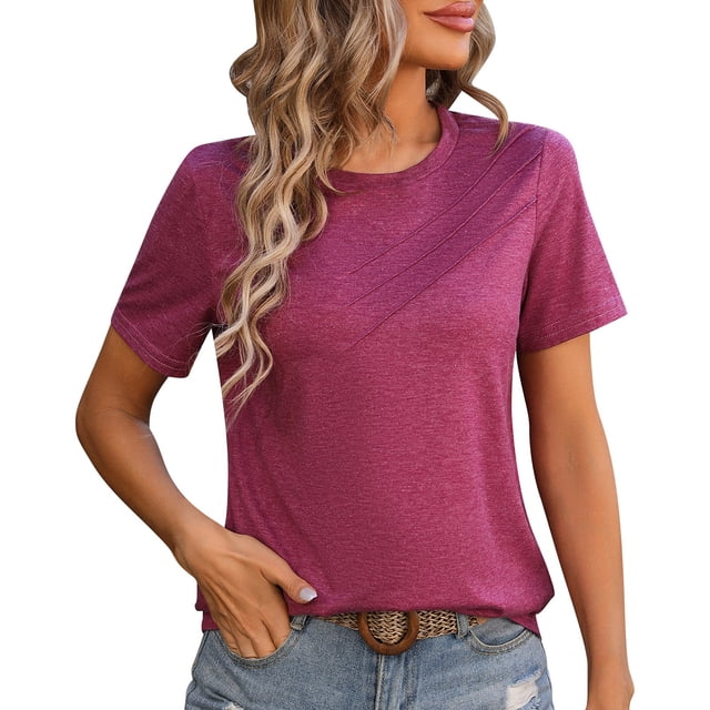 T-shirts Rouges pour Femmes Couleur Unie Col Rond Décoré Coton Manches Courtes T-Shirt Haut Été