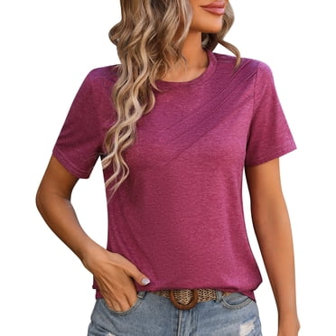 T-shirts Rouges pour Femmes Couleur Unie Col Rond Décoré Coton Manches Courtes T-Shirt Haut Été