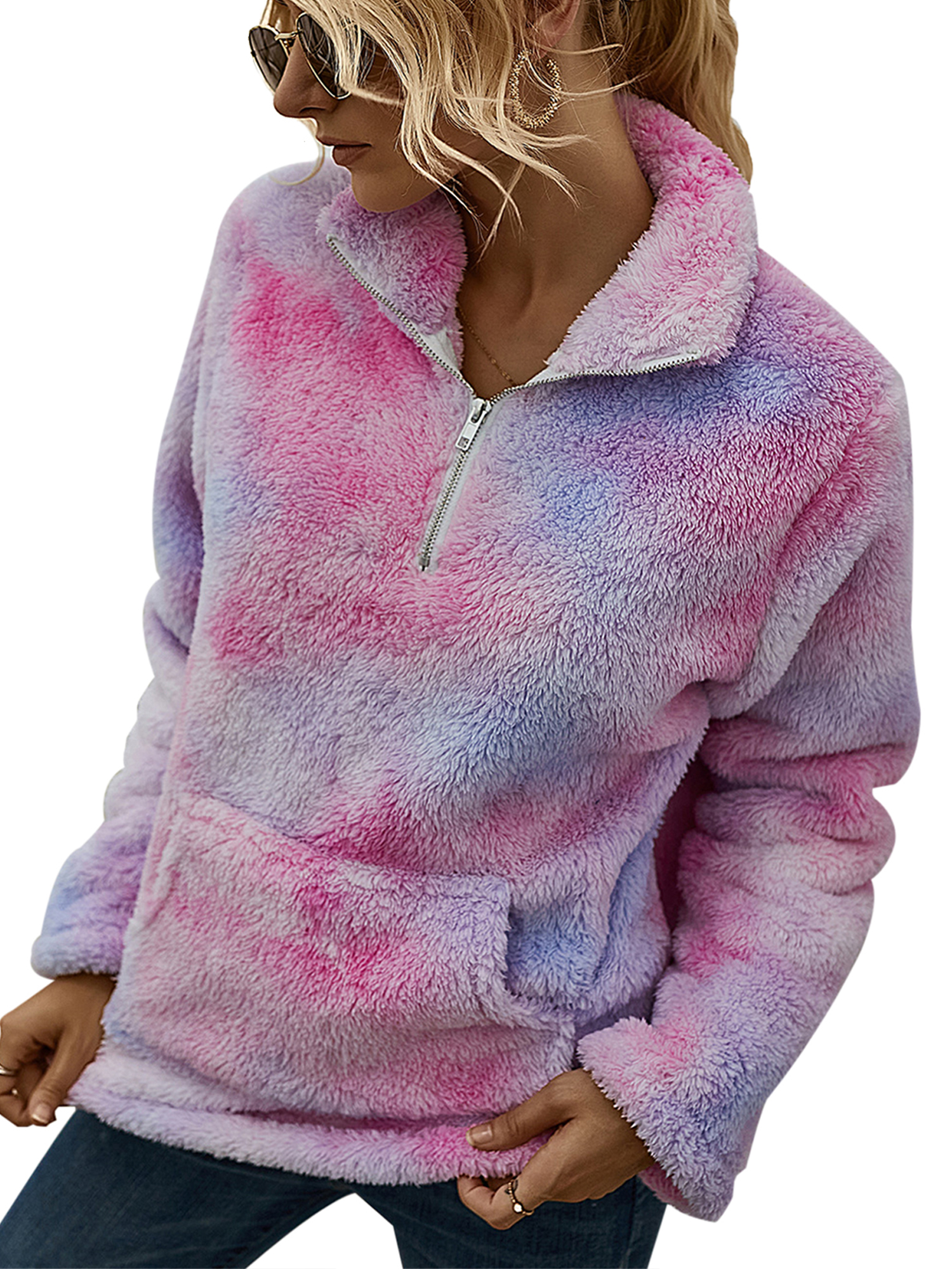 JINF Women Long Sleeve Zip-Up Hoodie Jacket Print Stitching Color Sweatshirt Coat,Women'S Quarter Zip Tops 