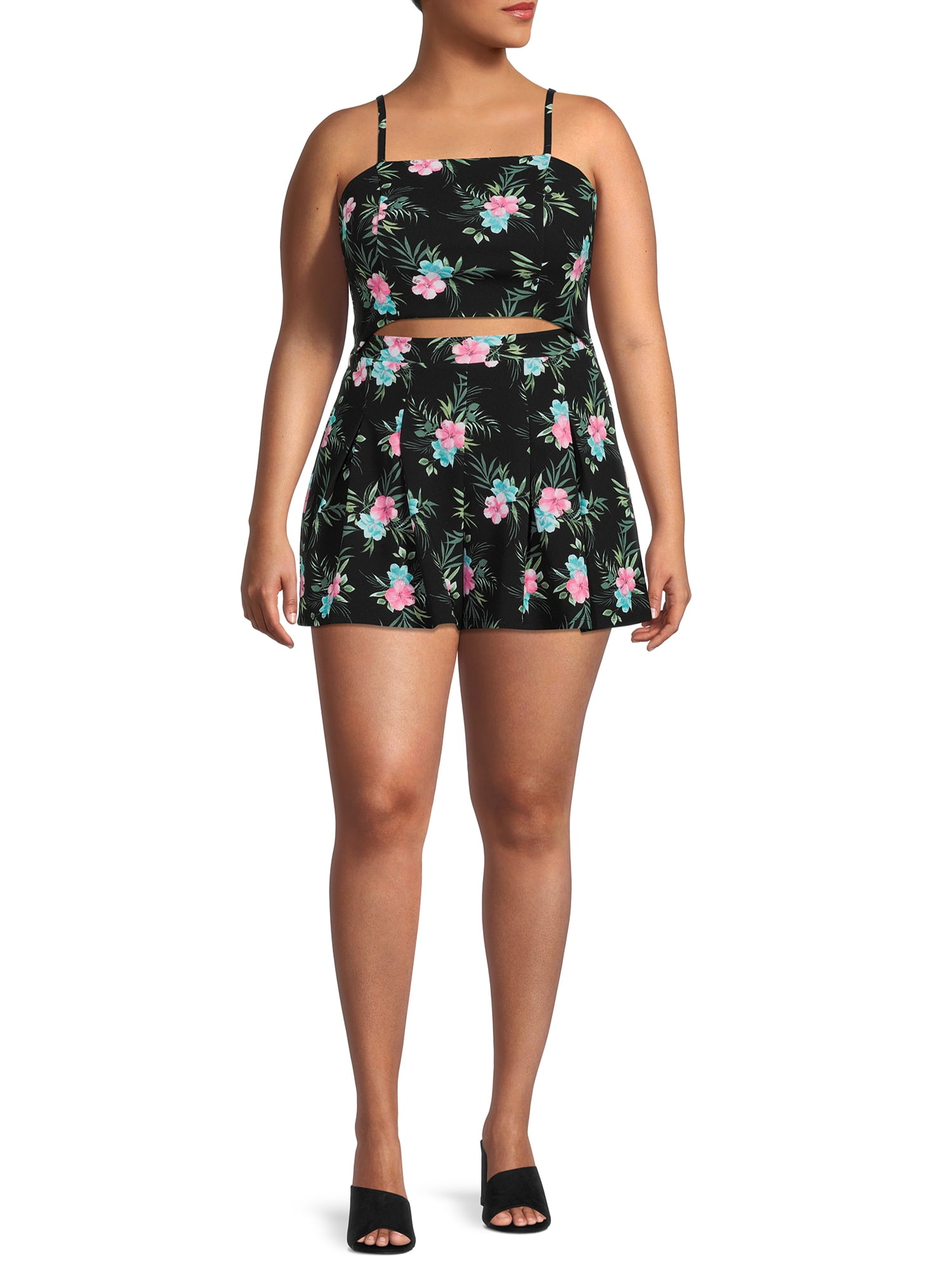 Madden NYC Juniors' Plus Size Printed Cutout Romper