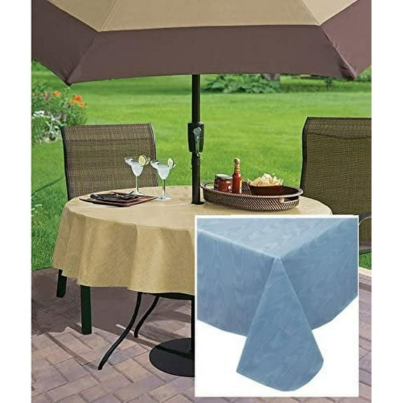 Blue Moire Wavy Solid 70 inch Zipper Umbrella Round Vinyl Dining Tablecloth with Flannel Backing