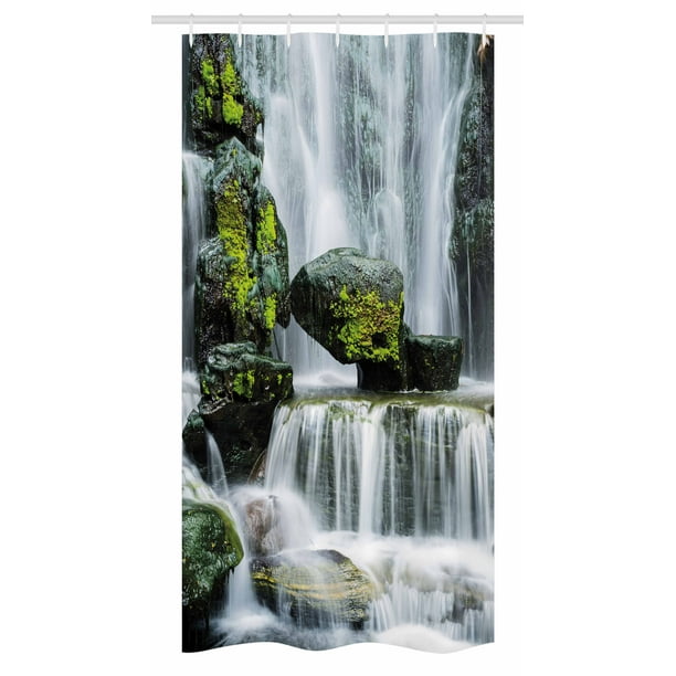 Waterfall Stall Shower Curtain Majestic Waterfall Blocked With Massive Rocks With Moss On Them Photo Fabric Bathroom Set With Hooks 36w X 72l Inches Long Green Black And White By Ambesonne
