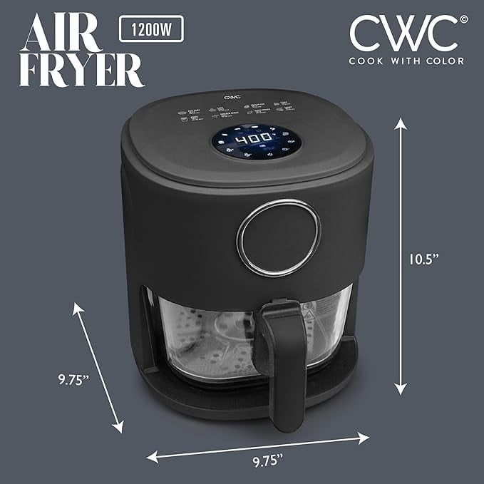 COOK WITH COLOR Air Fryer, 4Qt Glass Air Fryer, 1200W, 6 Presets, Black