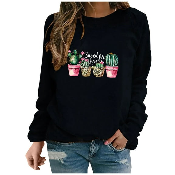 Womens Cactus Graphic Sweatshirts Valentines Cute Crewneck Tops Long Sleeve Pullover Casual Shirts