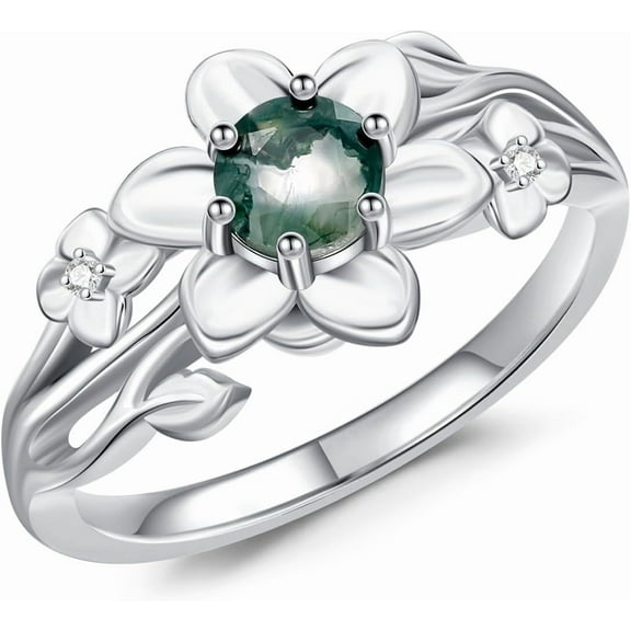 SISGEM Natural Moss Agate Ring for Women 925 Sterling Silver Round Cut Genuine Moss Agate Engagement Ring Moss Agate Jewelry Gifts for Mom Wife