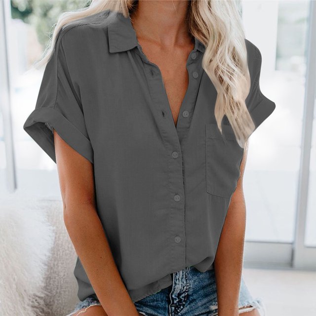 TIMIFIS Womens Button Solid Color Shirts V Neck Roll Up Short Sleeve Blouses Loose Collared Shirt Casual Tops - Spring/Summer