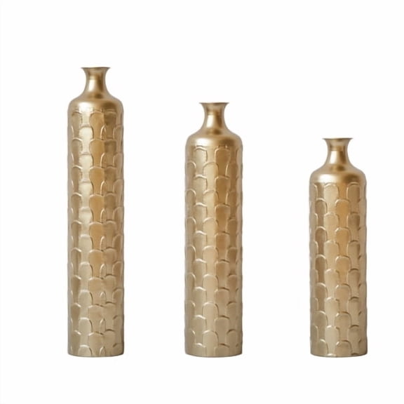 Golden Geometric Floor Vase Set - 3-Piece Luxury Metal Vases (25.2"/29.33"/34.25") with Triangular Embossing